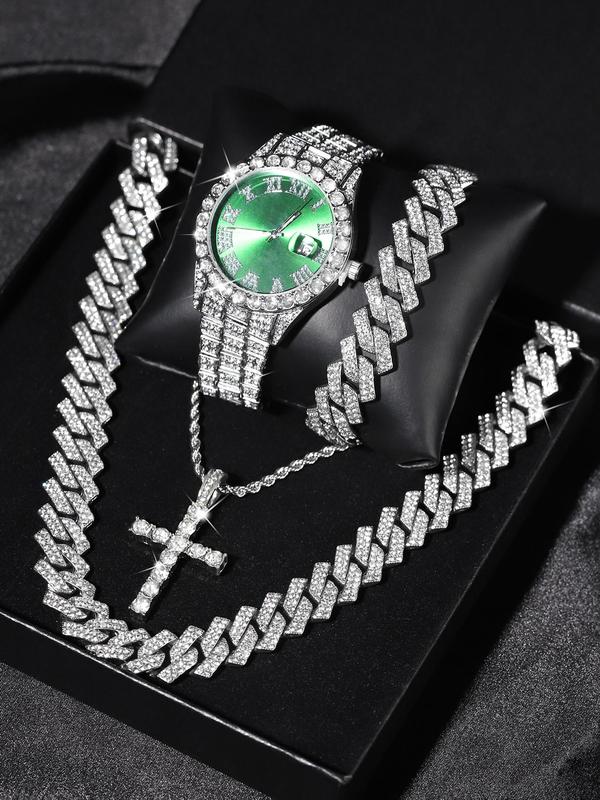 Men's Punk Style Rhinestone Decor Watch & Bracelet & Adjustable Cross Charm Necklace & Cuban Necklace, Exquisite Trendy Watch Set As Gift with Box