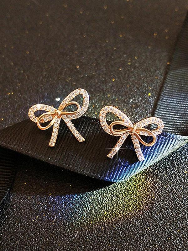 Rhinestone Bow Decor Stud Earrings (1 Pair), Fashion Jewelry for Women, Daily Clothing Decor, Trendy All-match Wedding Anniversary Party Jewelry Gift