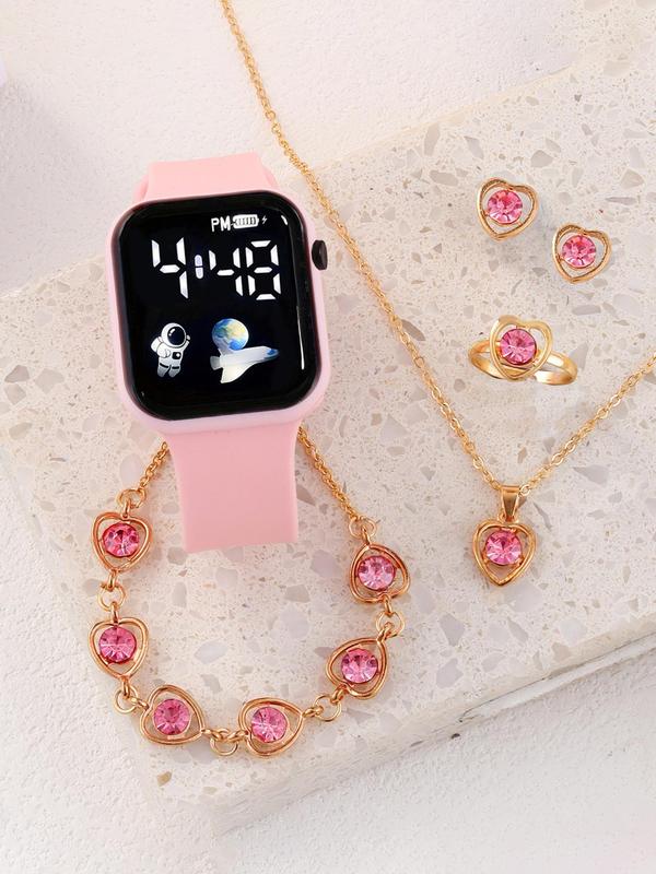 Women's Smart Silicone Watch & Rhinestone Jewelry Set (6counts set), Exquisite Wristwatch & Heart Shape Earrings Necklace Ring, for Women & Girls