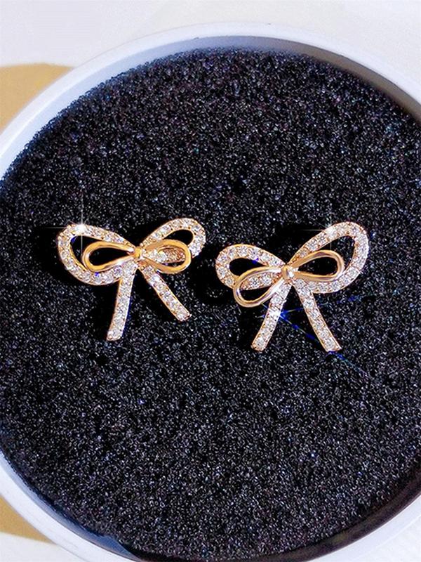 Rhinestone Bow Decor Stud Earrings (1 Pair), Fashion Jewelry for Women, Daily Clothing Decor, Trendy All-match Wedding Anniversary Party Jewelry Gift