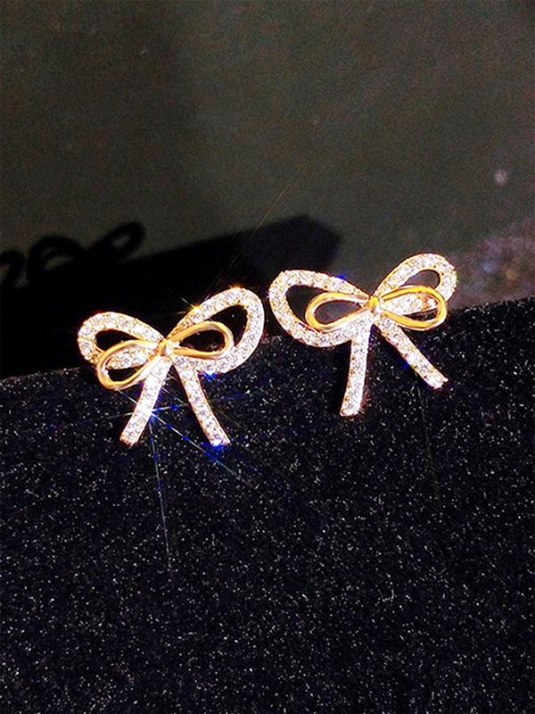 Rhinestone Bow Decor Stud Earrings (1 Pair), Fashion Jewelry for Women, Daily Clothing Decor, Trendy All-match Wedding Anniversary Party Jewelry Gift