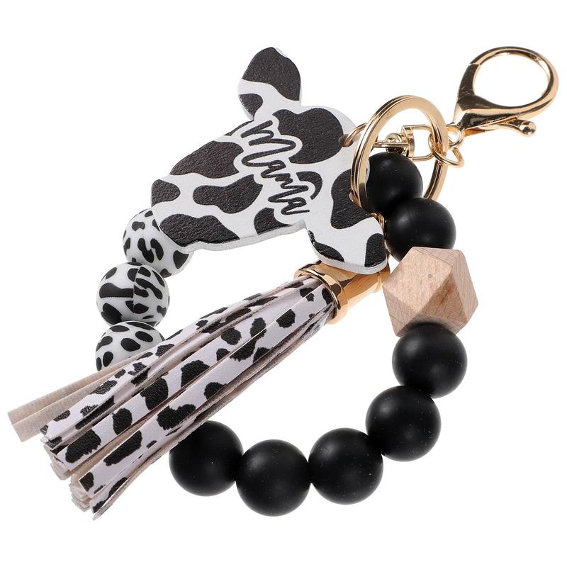 Cow Print Beaded Keychain, 1 Count Cute Silicone Beaded Keychain with Wooden Tag & Tassel, Car Interior Decoration Accessories for Women & Girls