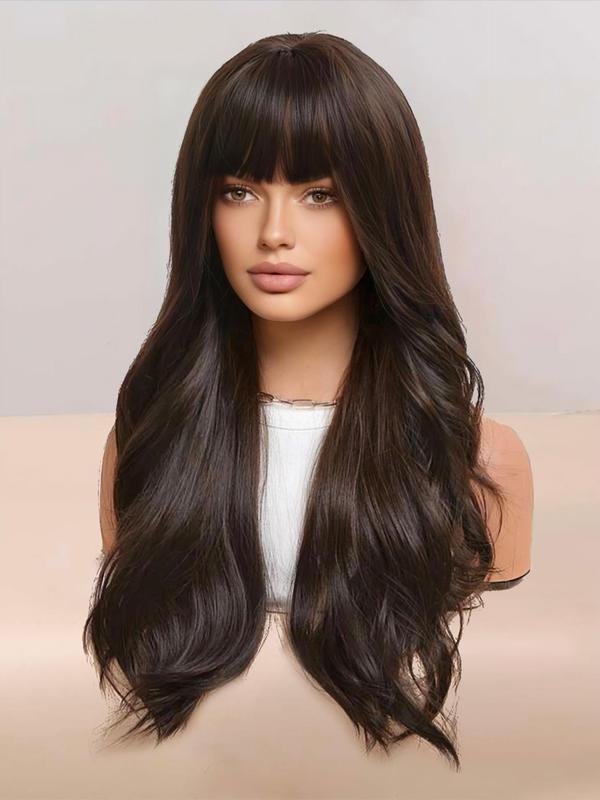 26 Inch Brown Long Curly Wigs For Women, Gorgeous Fluffy Wigs With Bangs, Synthetic Full Machine Wigs For Party, Daily Use