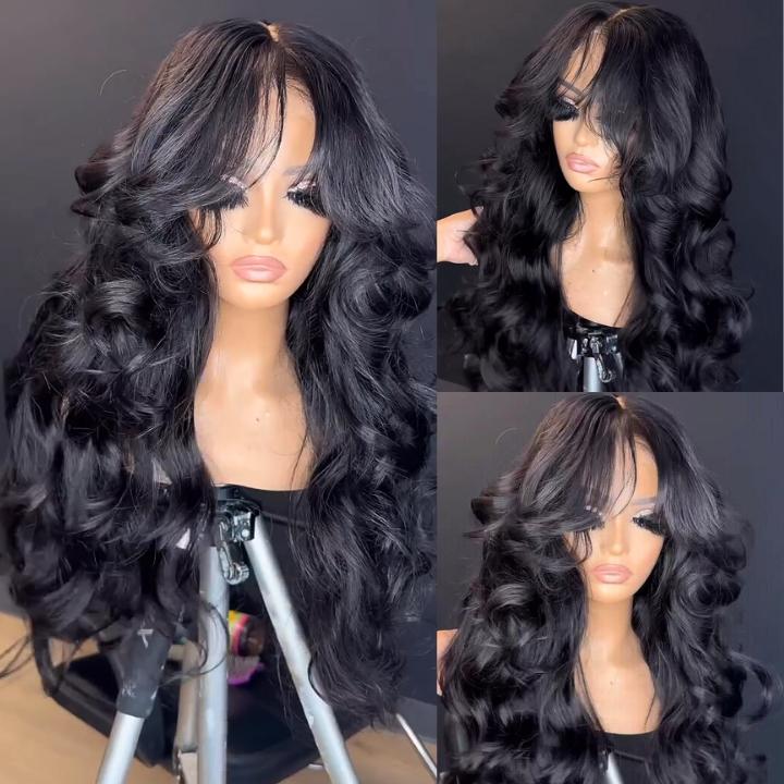 250% Density Lace Front Loose Wave 6x4 Glueless Pre-cut Pre bleached Wigs with Curtain Bangs Glueless Lace Body Wave Wig For Women-Amanda Hair Shop