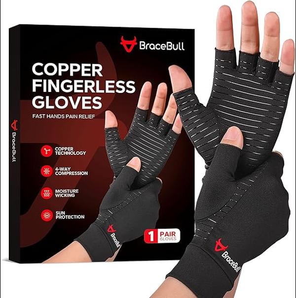 BraceBull Arthritis Gloves (1 Pair), Copper Infused Fingerless Compression Gloves for Women for Pain, Carpal Tunnel, RSI, Rheumatoid, Tendonitis, and Relieve Hand Pain for Women & Men