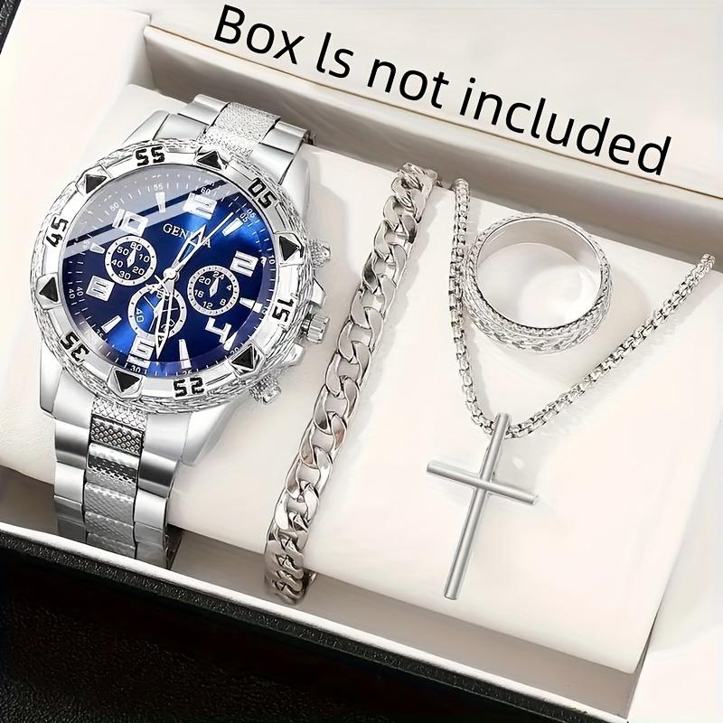 Men's 4PCs fashion quartz watch set with necklace, bracelet & Ring-casual analog accessories, perfect holiday gift