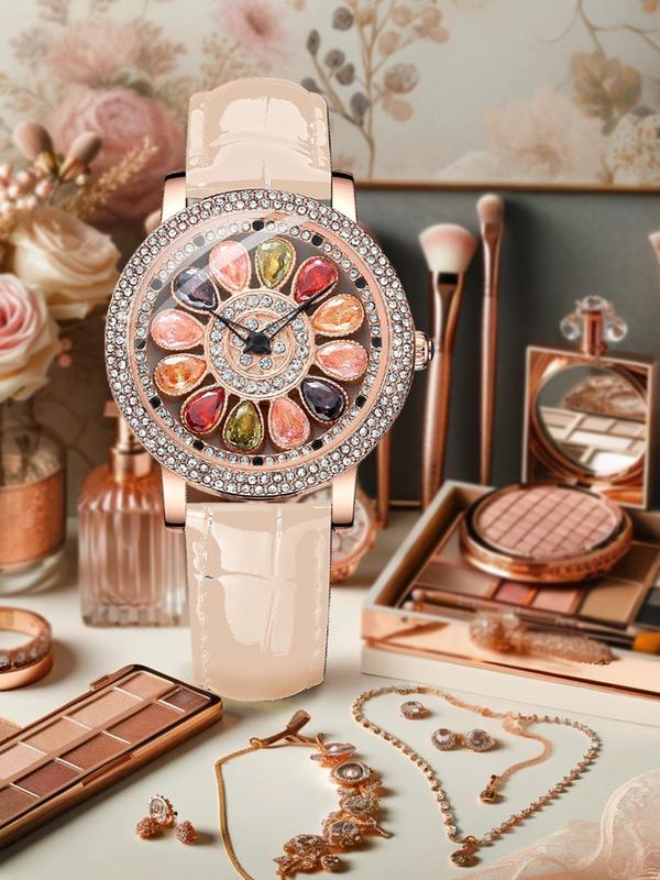 Women's Elegant Fashion Rhinestone Decor Round Dial Quartz Watch As Gift, Vintage Exquisite Wristwatch, Chic Business Watch As Gift with Box