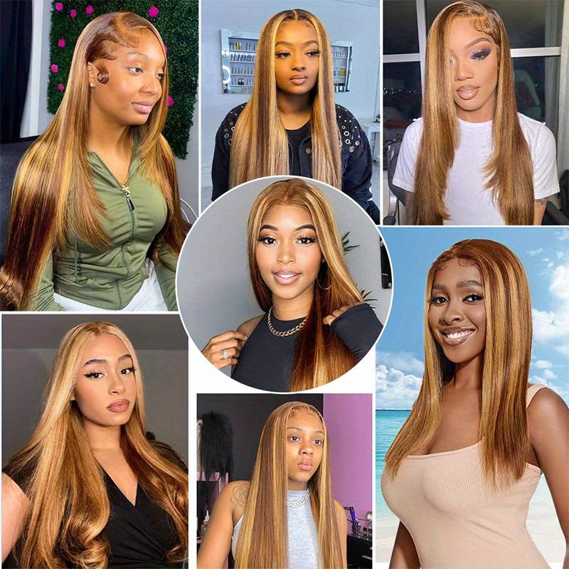 245% Density 4 27 Highlight Ombre Lace Front Wig Human Hair 13x5 Front HD Transparent Lace Pre Plucked Straight Front Wig Human Hair Brown Colored Honey Blonde Front Wig Human Hair