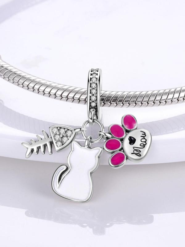 Women's Cute Rhinestone Decor Cat & Fish Bone Design Pendant, Trendy Cat Paw Design Charm for Necklace & Bracelet Making, Fashion Vintage Jewelry DIY Accessories As Birthday Gift