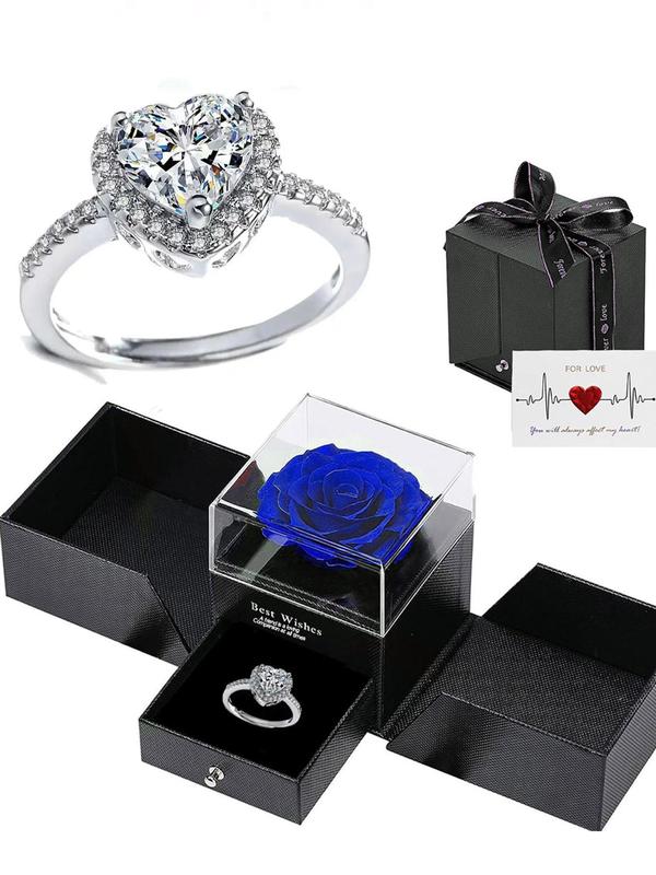 Elegant Rhinestone Decor Promise Ring for Women, Trendy Back To School Heart Shaped Engagement Ring, Chic Gorgeous Rings Jewelry Girlfriend Gifts with Rose Gift Box