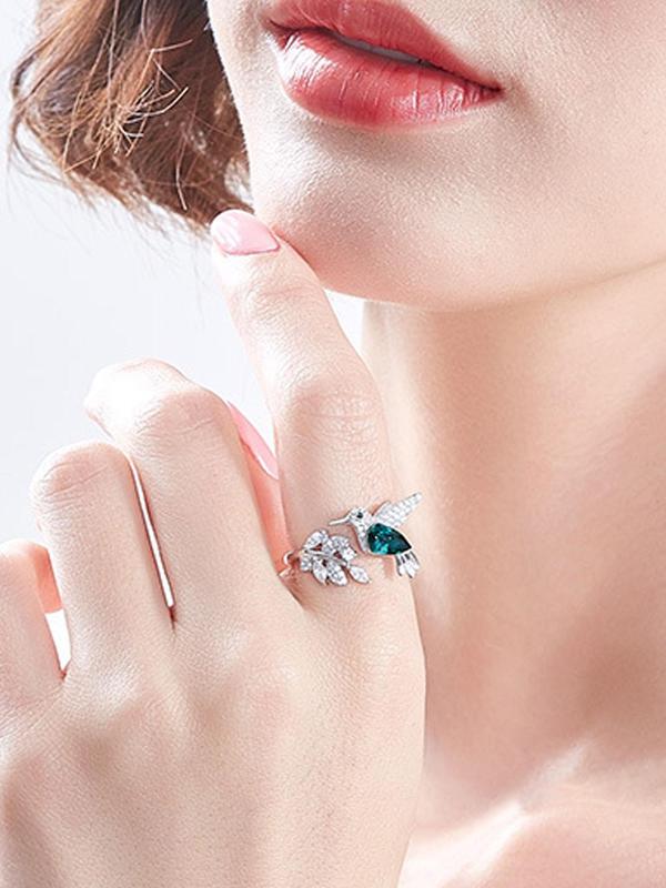 Women's Elegant Rhinestone Decorated Bird Design Cuff Ring, Minimalist Temperament Leaf & Bird Themed Design Cuff Ring, Exquisite Trendy Ring, Fashionable Jewelry for Women As Gift