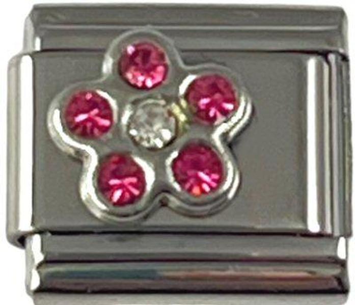 Italian Charm Link Flower with Pink Stones 9mm