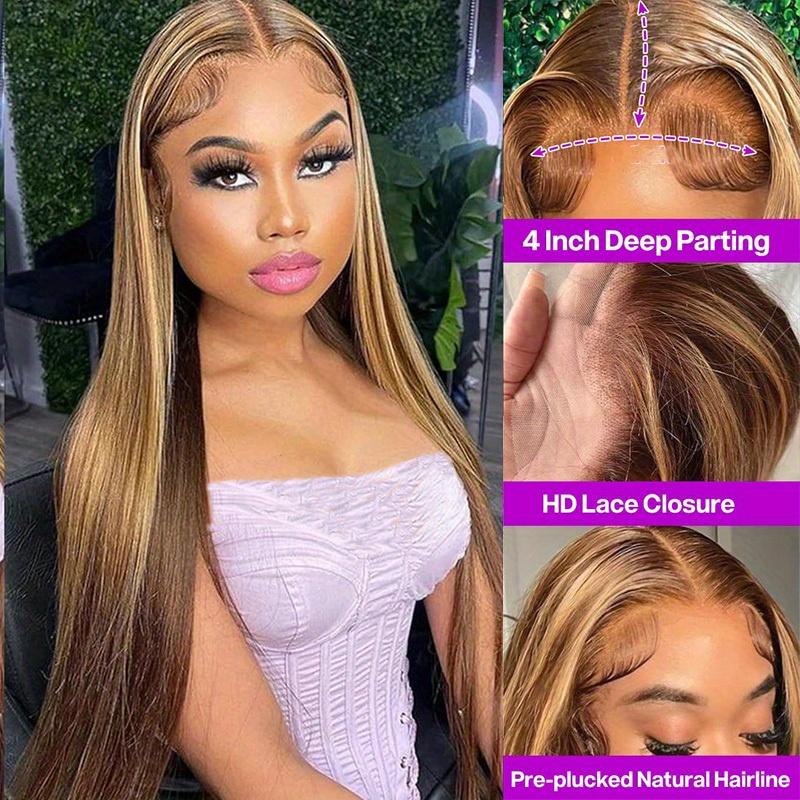 245% Density 4 27 Highlight Ombre Lace Front Wig Human Hair 13x5 Front HD Transparent Lace Pre Plucked Straight Front Wig Human Hair Brown Colored Honey Blonde Front Wig Human Hair