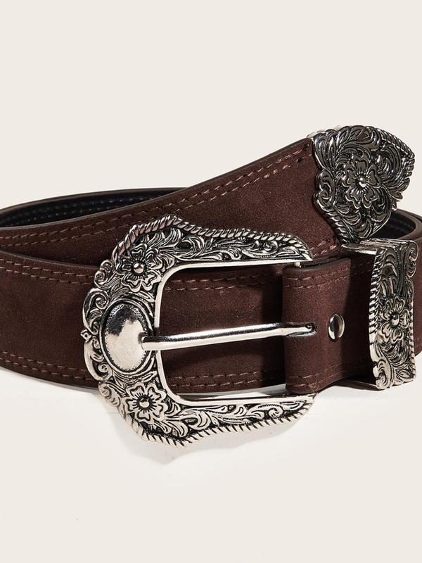 Fashion Floral Embossed Buckle Belt, Vintage Western Belt for Men & Women, All-match Clothes Accessories for Daily Wear