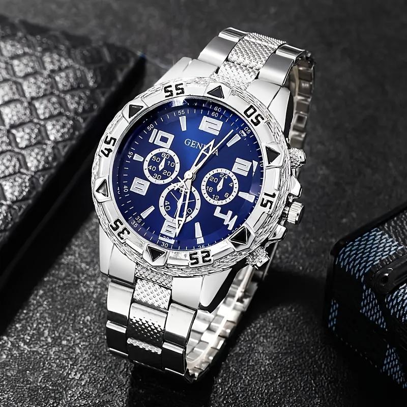 Men's 4PCs fashion quartz watch set with necklace, bracelet & Ring-casual analog accessories, perfect holiday gift