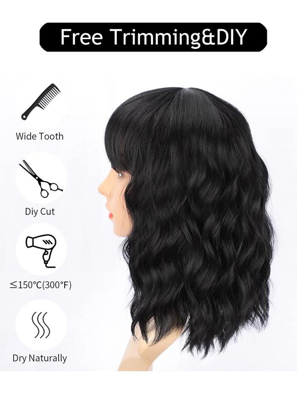 14 Inch Short Black Curly Wigs for Women, Fashion Gorgeous Fluffy Wigs with Bangs for Women & Girls, Synthetic Full Machine Wigs for Party, Daily Use