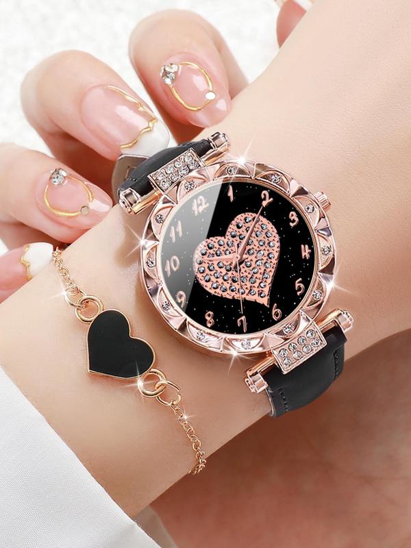 Women's Fashion Analog Quartz Watch & Heart Charm Bracelet, Elegant Trendy Rhinestone Decorated Round Dial Wristwatch & Exquisite Bracelet without Box