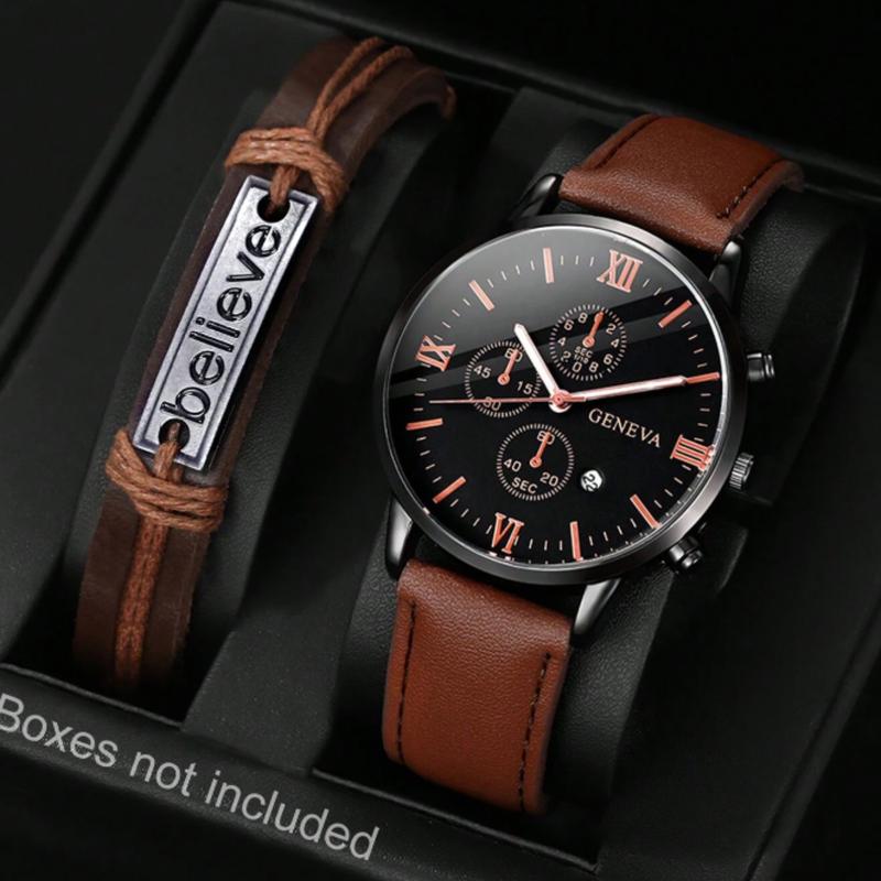 Men's Brown Casual Round Dial Analog Quartz Watch and Bracelet Set