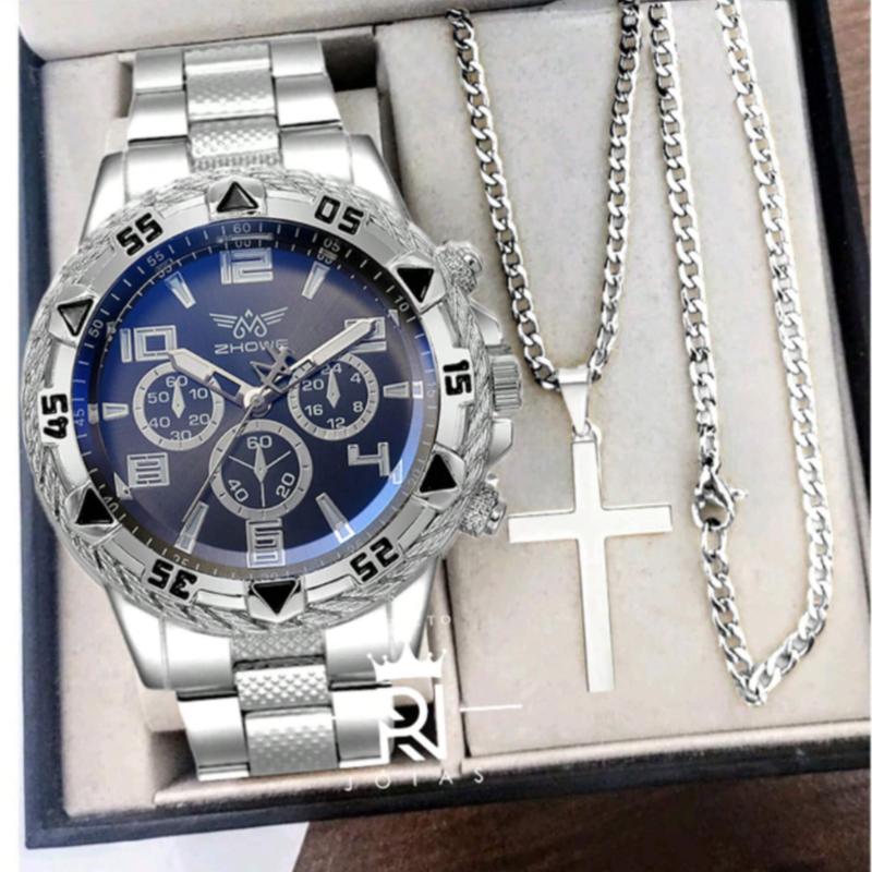 [FREE BOX] Men's Watch Set + Necklace With Cross Fashion Casual Stainless Steel Three-Dial Quartz Watch Fathers Day Graduation Gift Set