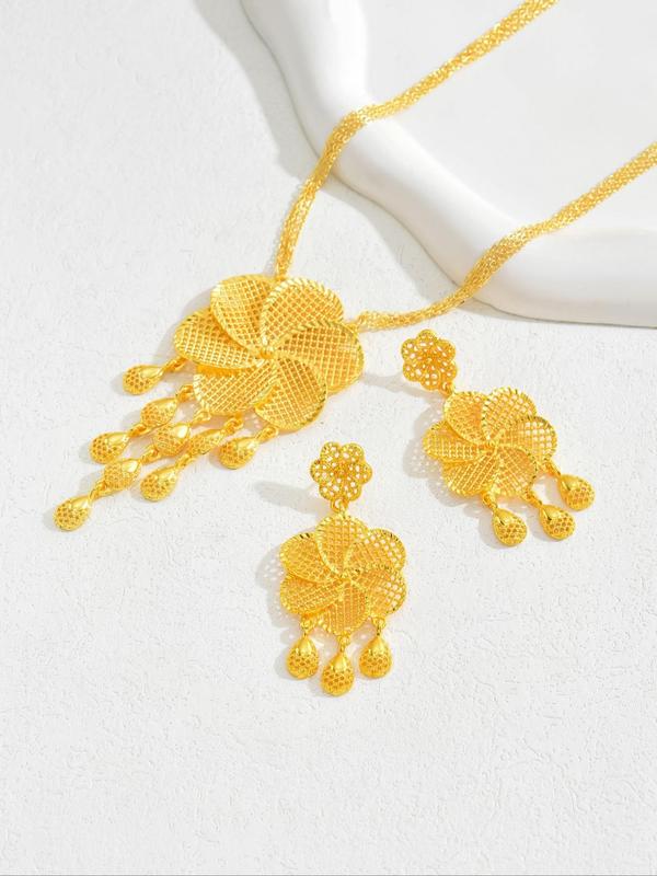 Women's Elegant Flower Design Jewelry Set, Exquisite Trendy Necklace & Dangle Earrings, Chic Jewelry Set for Party & Wedding Decor