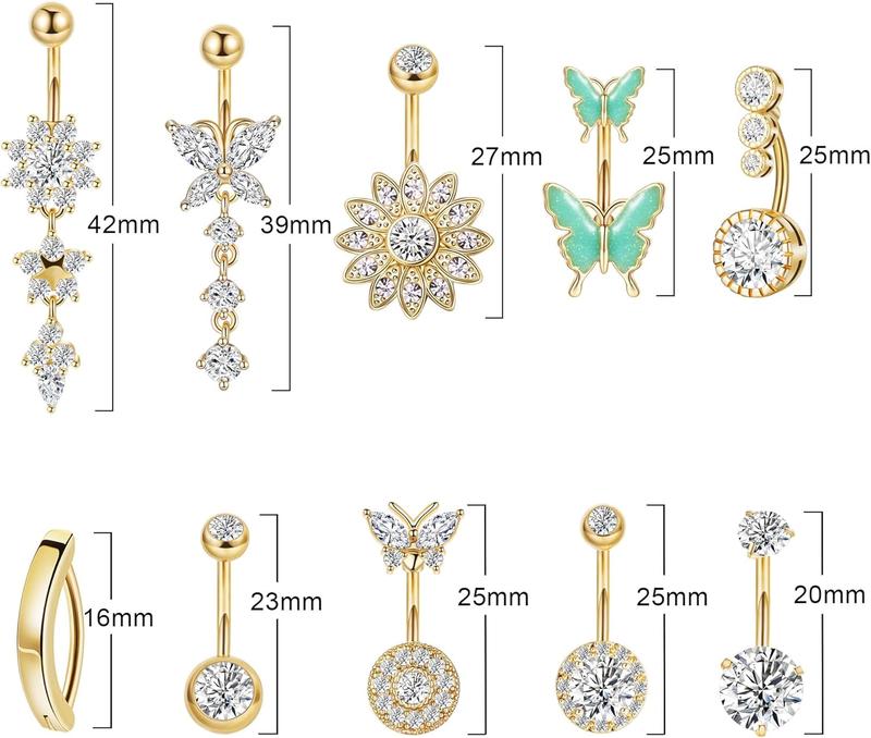 10 count 14G Surgical Steel Belly Button Rings for Women Dangle Belly Rings Cute CZ Navel Rings Clicker Butterfly Flower Belly Piercing  Pack