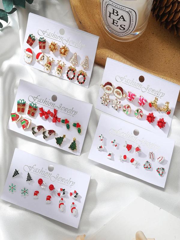 Christmas Themed Earrings Set, Cute Bow & Santa Claus & Elk & Snowflake Design Earrings, Fashion Jewelry for Party, Daily Decor, Trendy All-match & Exquisite Jewelry for Gift