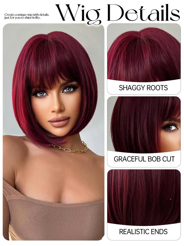 12 Inch Burgundy Glueless Short Straight Bob Wigs for Women, Gorgeous Heat Resistant Wigs with Bangs, Synthetic Wigs for Party, Daily Use,  Fall Hair Trends 2024