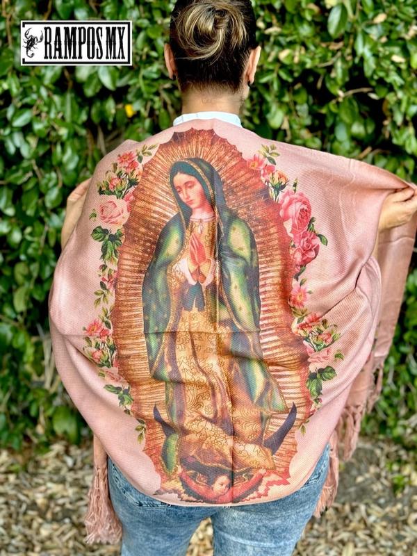 Shawl Virgin Mary Mexican Handmade Shawl,Floral Shawl from Mexico, Mexican Blanquet wrap ,Reboso Bordado Mexicano ,Reboso Virgen Guadalupe