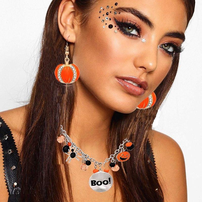 Halloween Ghost Jewelry Set Beaded BOO Pumpkin Diy Pendant Necklace Drop Earrings Gothic Lace Vampire Pendant Chain For Costume Party