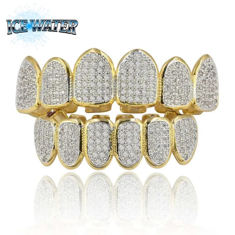 ICE WATER Luxe Unisex Silver Grillz -zirconia Iced-Out, Sparkling Hip Hop Teeth Jewelry for Men & Women, Perfect for Parties & Costumes