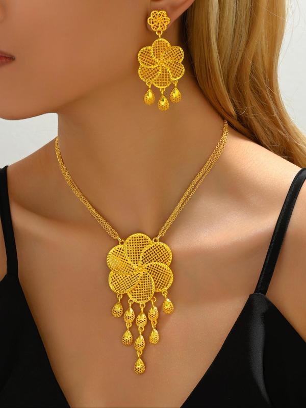 Women's Elegant Flower Design Jewelry Set, Exquisite Trendy Necklace & Dangle Earrings, Chic Jewelry Set for Party & Wedding Decor