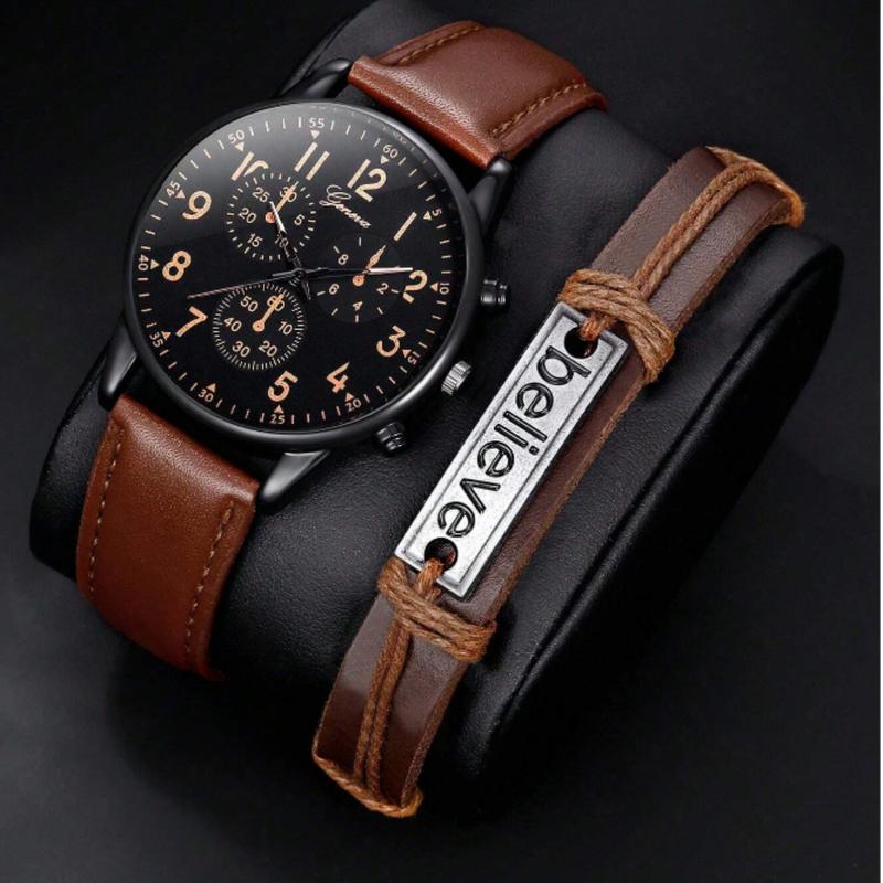 Men's Brown Casual Round Dial Analog Quartz Watch and Bracelet Set