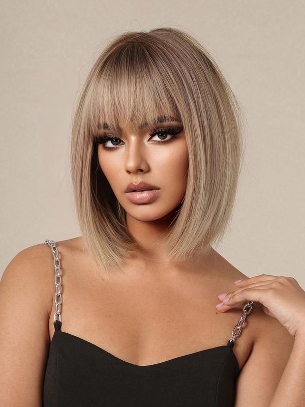 14 Inch Short Straight Wigs for Women,  Gorgeous Natural Fluffy Wigs With Bangs, Synthetic Hair Wigs for Daily & Cosplay & Costume Party Decor