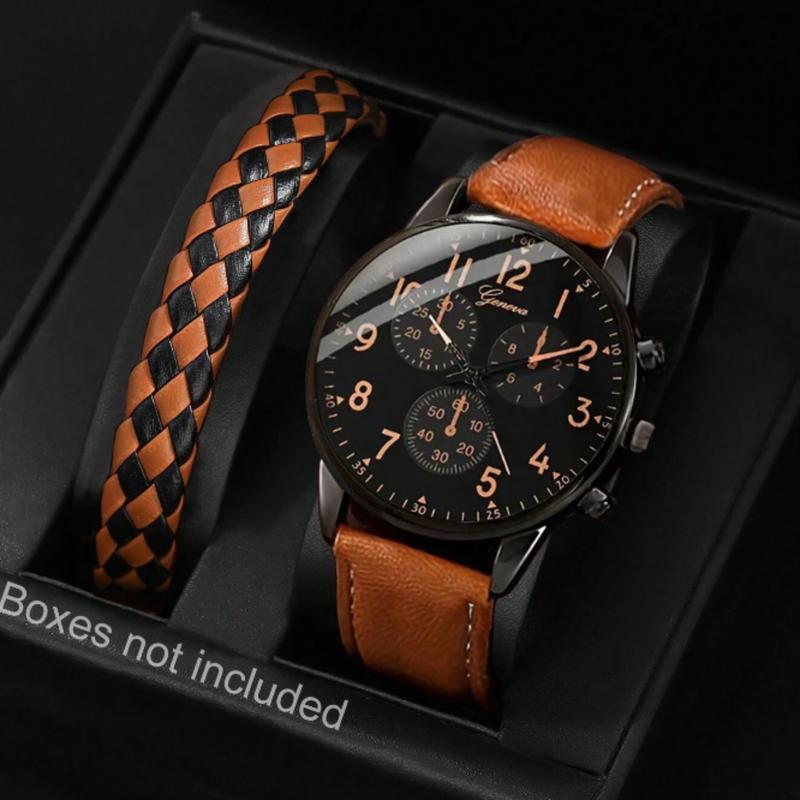 Men's Brown Casual Round Dial Analog Quartz Watch and Bracelet Set