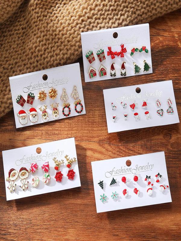 Christmas Themed Earrings Set, Cute Bow & Santa Claus & Elk & Snowflake Design Earrings, Fashion Jewelry for Party, Daily Decor, Trendy All-match & Exquisite Jewelry for Gift