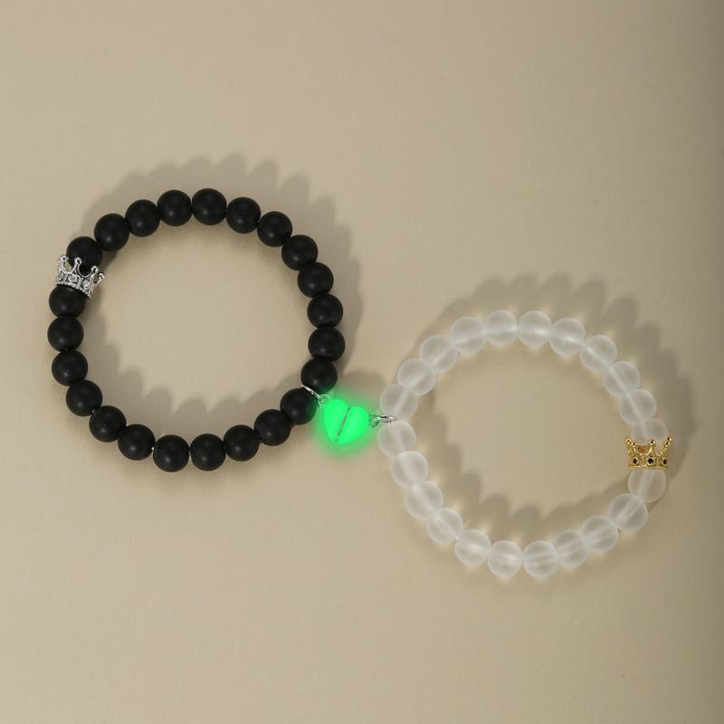 2 Pcs of Blue and Green Light Bead Heart Shaped Magnet Couple's Bracelets Fashion Bff Jewelry Gifts