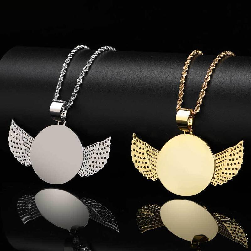 PAG&MAG Hip hop memory Angel Wings Round Photo pendant Copper inset zircon DIY creative picture frame necklace jewelry synthetic