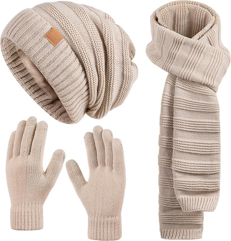 Women Beanie Hat Scarf Gloves Set Fleece Lined Winter Warm Hat Long Knit Scarf Touchscreen Gloves for Cold Weather