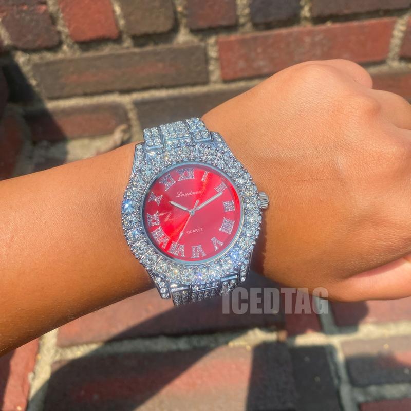 Iced Blinged Out Silver Plated Red Dial Luxury Celebrity Shine Watch