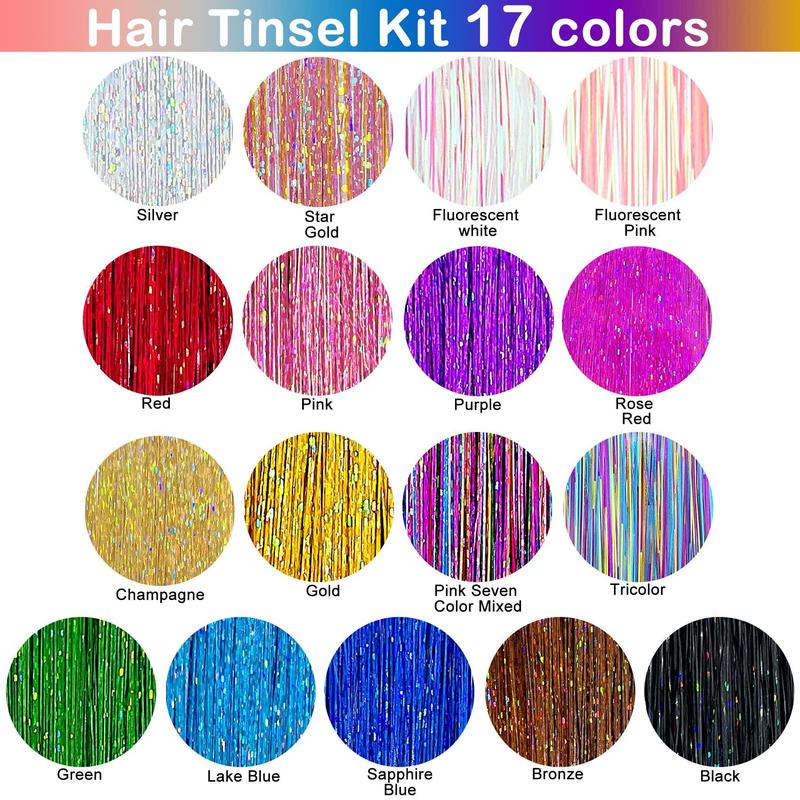 Hair Tinsel Kit (48 Inch, 17 Colors, 4250 strands), Tinsel Hair Extensions with Tools, 160° Heat Resistant Glitter Hair Tinsel Kit for Girls Women Hair Accessories silver hair clip synthetic extensions & pieces