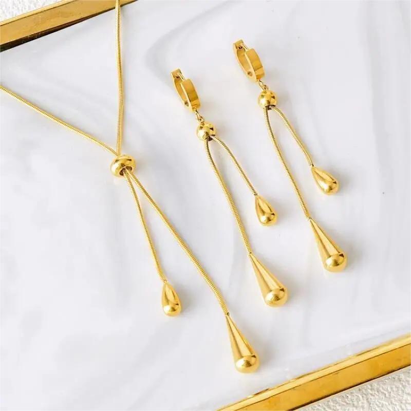 3Pcs Simple Vintage Pull Out Teardrop French Fringe Stainless Steel Golden Women's Ear Clip Necklace Set Birthday Party Party