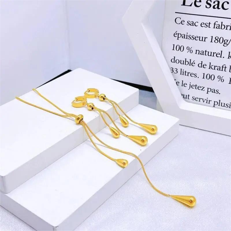 3Pcs Simple Vintage Pull Out Teardrop French Fringe Stainless Steel Golden Women's Ear Clip Necklace Set Birthday Party Party