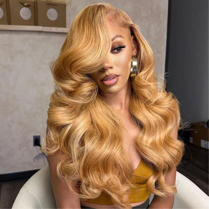 Amanda Hair Honey Blonde Body Wave #27 Color 13x4 Frontal Lace Human Hair Wigs for Women Pre Bleached Glueless Wigs