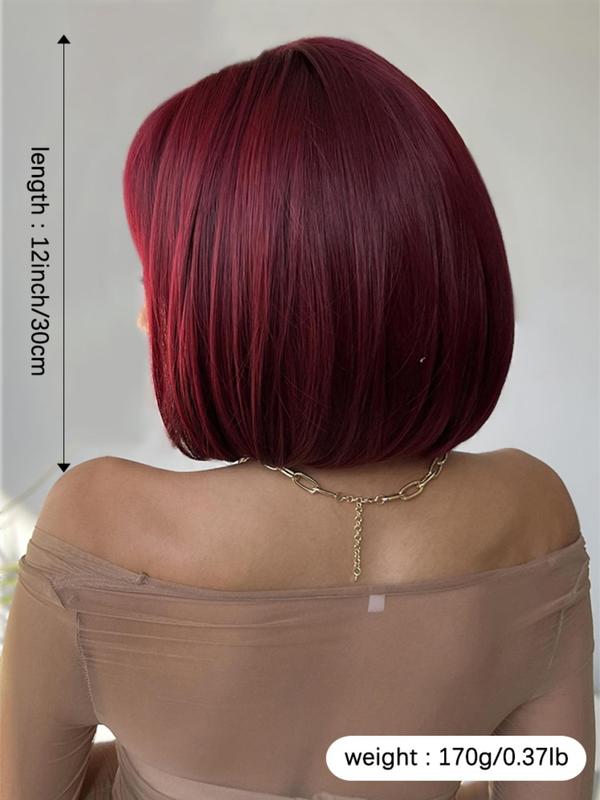 12 Inch Burgundy Glueless Short Straight Bob Wigs for Women, Gorgeous Heat Resistant Wigs with Bangs, Synthetic Wigs for Party, Daily Use,  Fall Hair Trends 2024