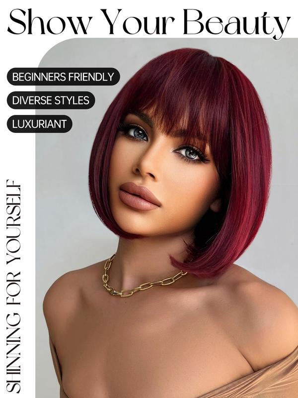 12 Inch Burgundy Glueless Short Straight Bob Wigs for Women, Gorgeous Heat Resistant Wigs with Bangs, Synthetic Wigs for Party, Daily Use,  Fall Hair Trends 2024