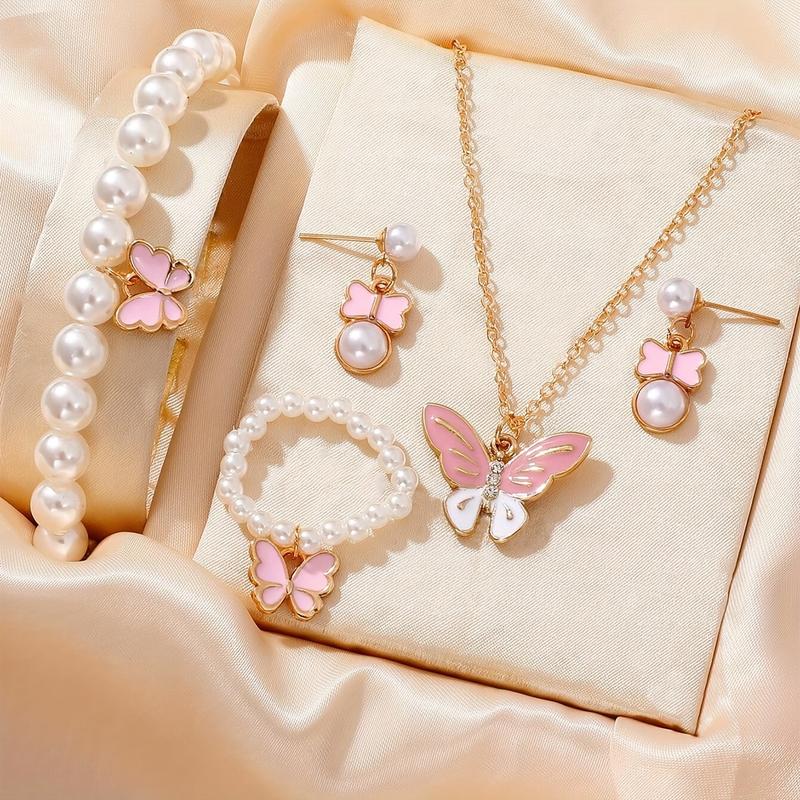 A Set of Lovely Pearl Butterfly Fashion Necklace Earrings Pearl Bracelet Ring Suit, Suitable for Girls