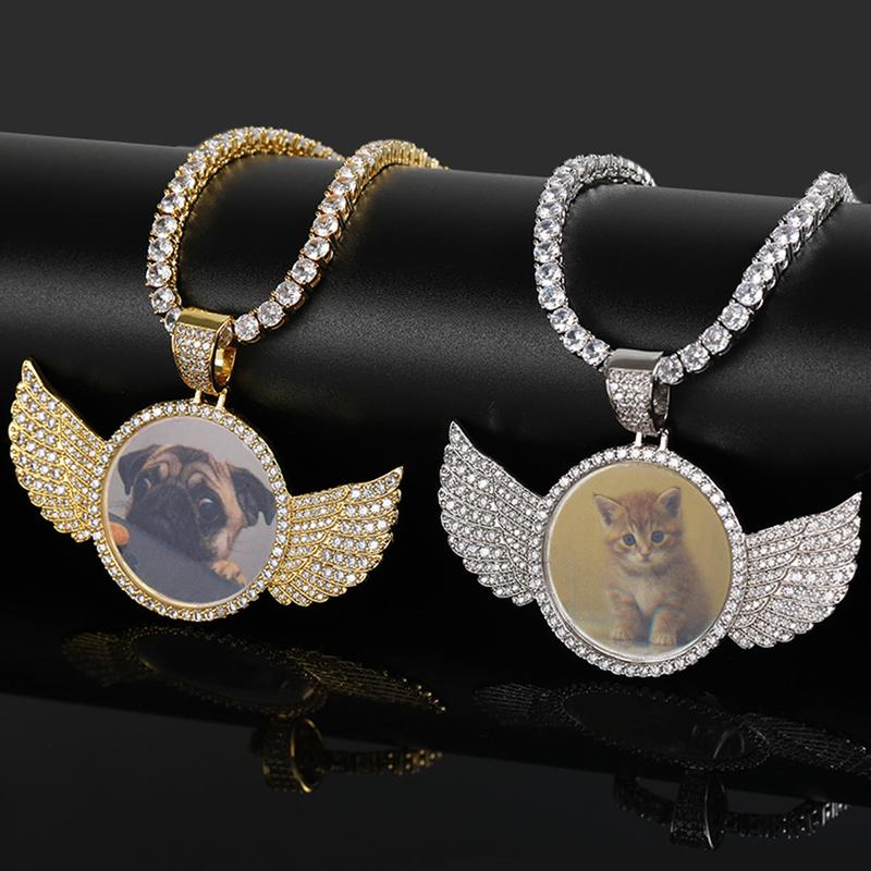 PAG&MAG Hip hop memory Angel Wings Round Photo pendant Copper inset zircon DIY creative picture frame necklace jewelry synthetic