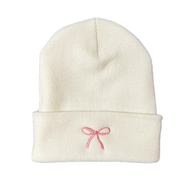 Embroidered Pink Bow Beanie