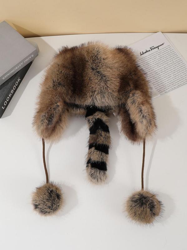 Cute Raccoon Design Contrast Fur Hat, Fashionable Pom Pom Decor Hat for Fall & Winter, Warm and Stylish Hat for Men & Women