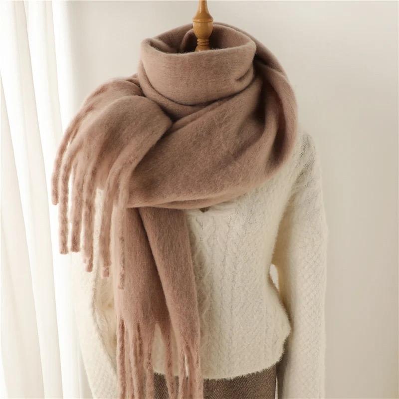 Women's Cashmere Winter Scarf - Solid Color Pashmina Wrap with Big Tassel Shawl and Long Poncho